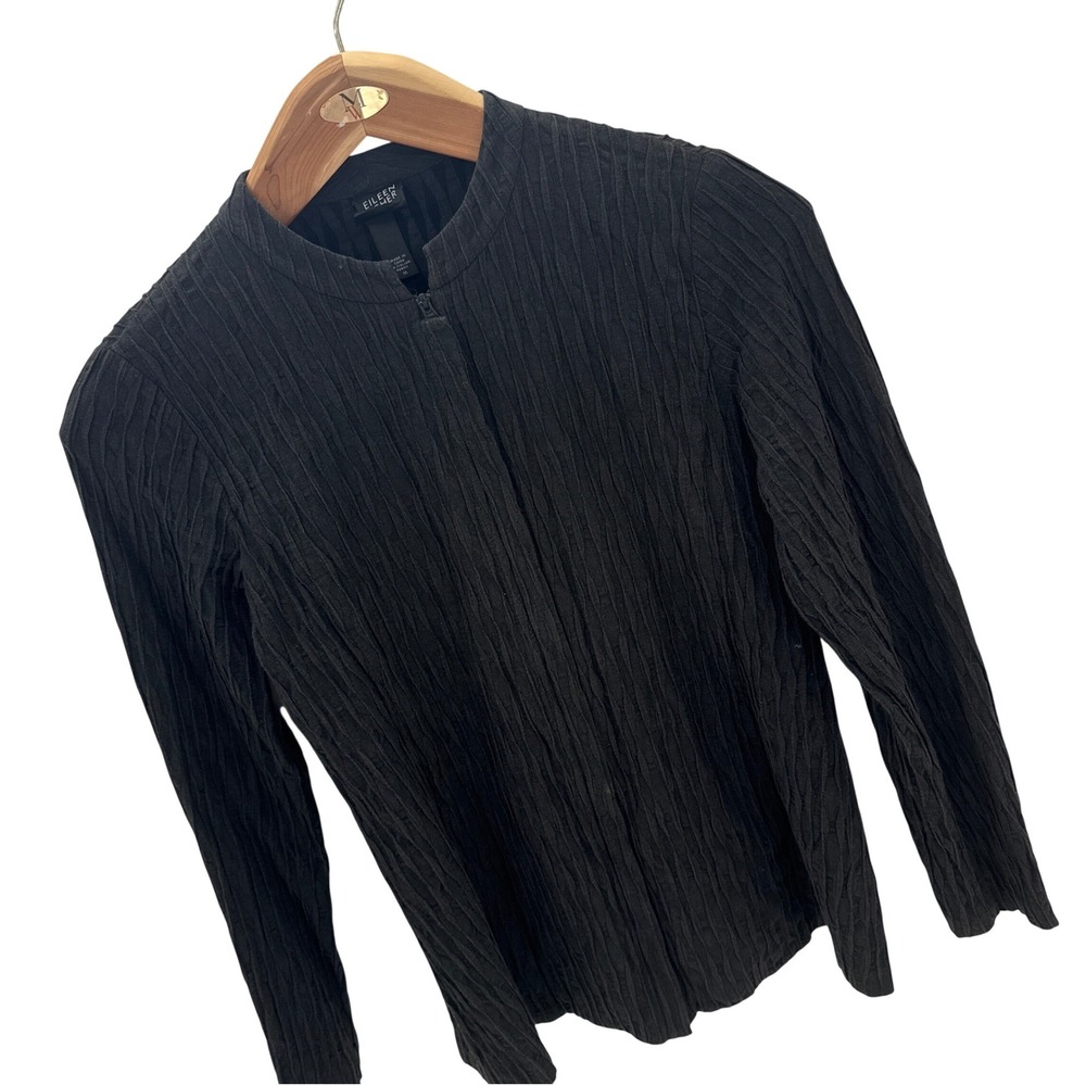 Eileen‎ Fisher Black Italian Cotton Ripple Textured Zip Cardigan Women M
